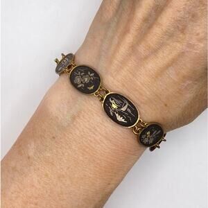 Signed JAPAN Bracelet Vge Japanese Damascene Nature Scenes 1950s Black Gold Tone
